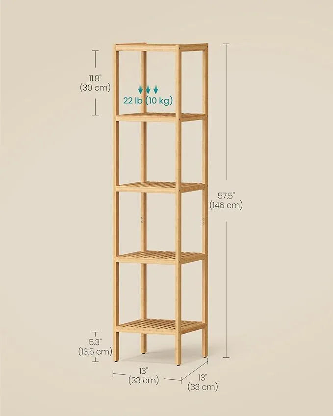 SONGMICS Bamboo Storage Shelf, 5-Tier Shelving Unit, Multifunctional, in the Entryway, Bathroom, Living Room, Balcony, Kitchen, 13 x 13 x 57.5 Inches, Light Bamboo UBCB55Y - ModernBath