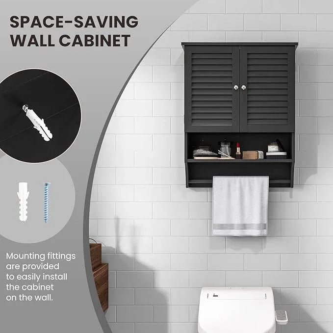 Tangkula Wall Mounted Bathroom Cabinet with Open Shelf & Bar, Medicine Cabinet with Double Louvered Doors, Wall Storage Cabinet with Adjustable Shelf, for Bathroom Living Room Kitchen (Black) - ModernBath
