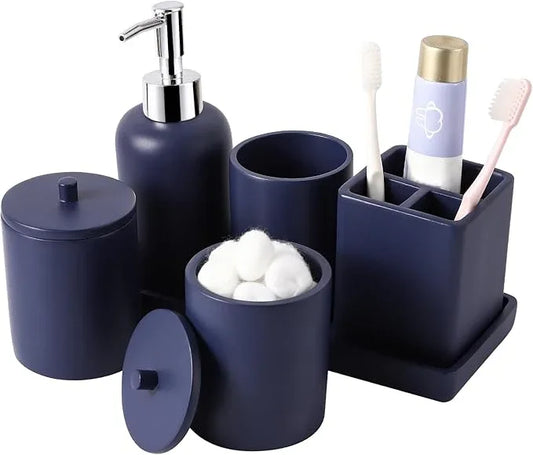 Resin 6 Pcs Navy Blue Bathroom Set Complete with Toothbrush Holder, Lotion Soap Dispenser, 2 Qtip Holder Dispensers,Vanity Tray,Bathroom Tumbler - Countertop Vanity Organizer - Bathroom Accessories - ModernBath