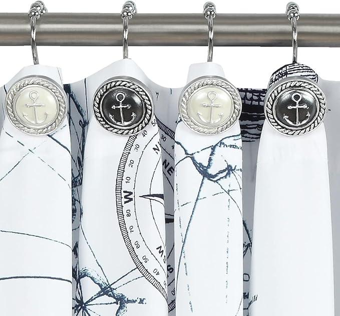 Nautical Anchor Shower Curtain Hooks, Rustproof Black White Ocean Sea Bathroom Curtain Hooks, 5 Roller Ring Balls Shower Hooks for Shower Curtain, Decorative Shower Curtain Hooks, Set of 12 - ModernBath