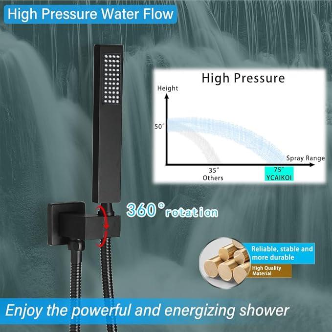 YCAIKOI Shower Faucet Set Complete, Wall Mount Shower System for Bathroom 12 Inch High-Pressure Rainfall Shower with Handheld, Rough-in Valve Body and Trim Kit, Matte Black - ModernBath
