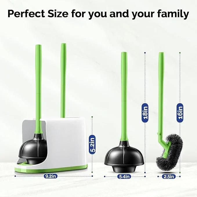 HAMITOR Toilet Plunger Bowl Brush Combo：Heavy Duty Rubber for Drain Clog Remover - Curved Design Bristles for Deep Cleaning Under Rim - Compact Bathroom Cleaning Tools for New Homet Essentials-Green - ModernBath