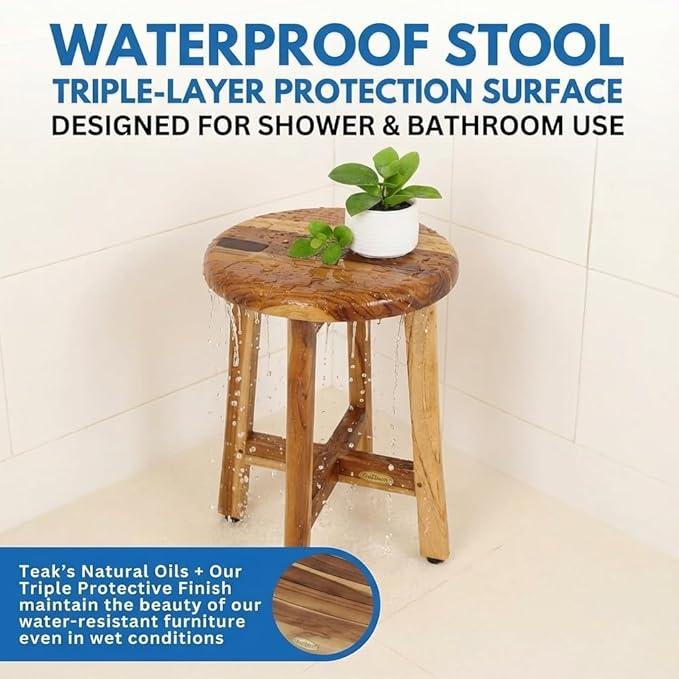 EcoDecors Shoji 12 Inch Round Waterproof Teak Wood Shower Bench Stool Seat Chair For Inside Shower Provides Safety, Storage, and Organization For Bathroom Accessories - ModernBath