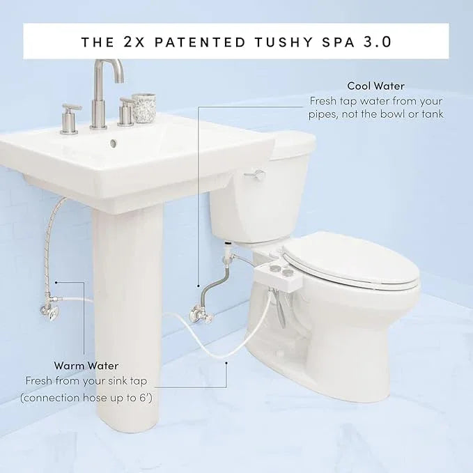 TUSHY Spa Self-Cleaning Warm Water Toilet Bidet Attachment. Adjustable Nozzle, Angle & Pressure Control. Easy DIY Home Install, Requires Sink Access for Optional Warm Water Control. (Biscuit/Platinum) - ModernBath