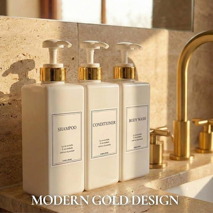 Modern Gold Design Shampoo and Conditioner Dispenser, Large 27oz Shower Soap Dispenser, Set of 3 Refillable Empty Plastic Pump Bottles for Bathroom and Body Wash (6 Waterproof Labels Included), White - ModernBath
