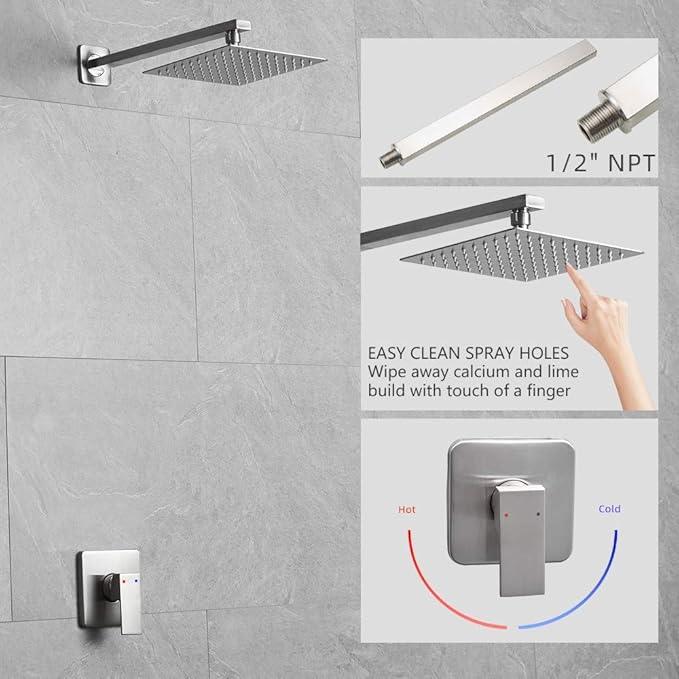 Heable Shower Faucet Set Brushed Nickel, Single Function Shower Trim Kit with Rough-in Valve, Square Rain Shower Head System Included Extra Long Shower Arm for Bathroom - ModernBath