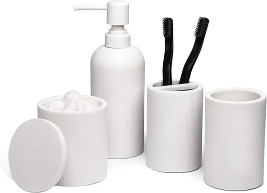 Jo Lavie Matte White Bathroom Accessories Set – 4-Piece Resin Countertop Organizer with Soap Dispenser, Tumbler, Toothbrush Holder & Cotton Swab Jar – Modern Minimalist Vanity Kit - ModernBath