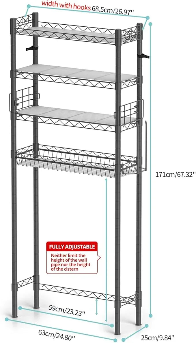 Hodonas 4-Tier Over The Toilet Storage, Adjustable Over Toilet Bathroom Organizer Rack, Freestanding Bathroom Shelves Above Toilet Storage, Sturdy Bathroom Space Saver with Basket and Shelves, Gray - ModernBath