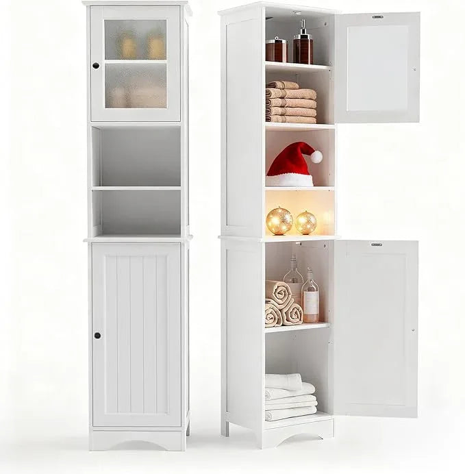 Gizoon 67.1" Tall Bathroom Storage Cabinet with Adjustable Shelves, Narrow Tall Linen Tower with Open Shelves, Two-Way Doors Freestanding Cabinet with Anti-Tip, for Home, Kitchen, Living Room, White - ModernBath