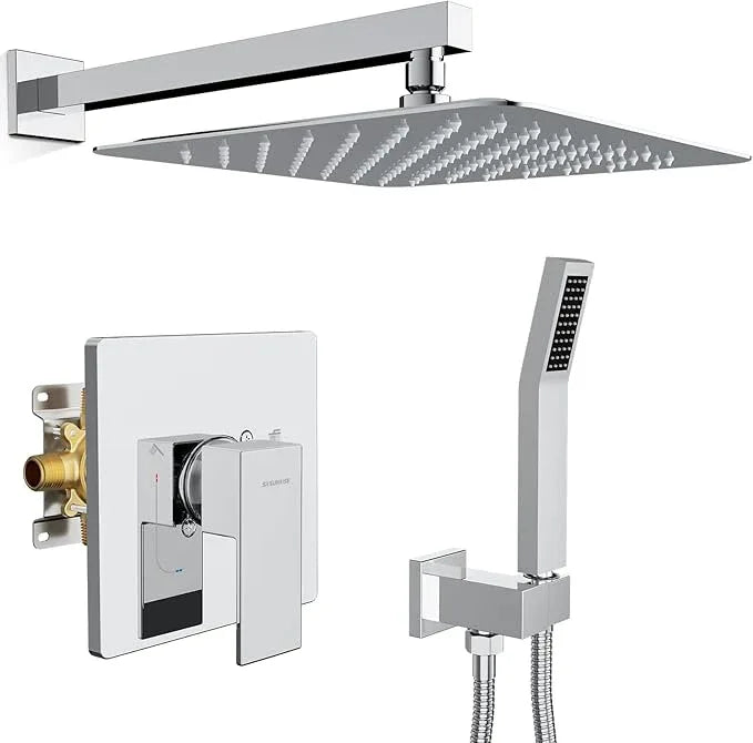 SR SUN RISE Shower Faucet Set & System - 12 Inch Rainfall Shower Head & Handle Set Wall Mounted Polished Chrome Solid Brass Valve Trim Kit Included - ModernBath