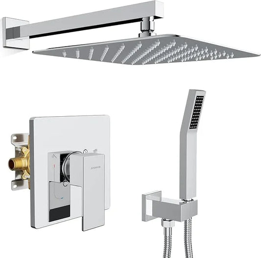 SR SUN RISE Shower Faucet Set & System - 12 Inch Rainfall Shower Head & Handle Set Wall Mounted Polished Chrome Solid Brass Valve Trim Kit Included - ModernBath