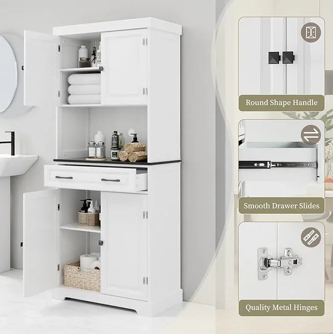 71" Kitchen Pantry Cabinet with Drawer, Kitchen Hutch Cabinet with 4 Doors, Wire Hole & Adjustable Shelves, Tall Bathroom Cabinets Freestanding Cupboard White Wood Storage Cabinets - ModernBath