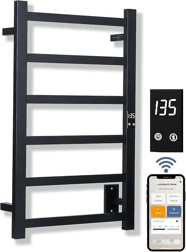 Smart Wireless Electric Towel Warmer | Blade Thin 6 Bar Design | Hardwired & Plug-in | Alexa & Google Home Compatible | Matte Black Finish - ModernBath