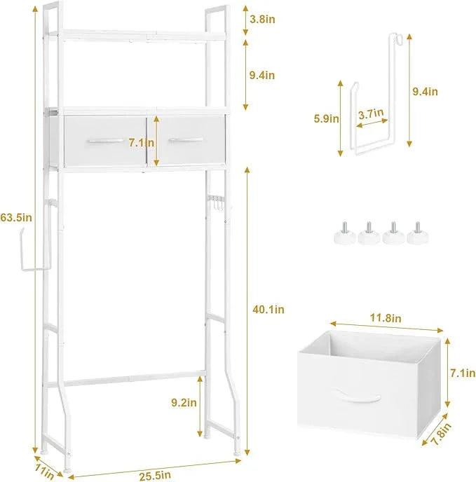 YBING Over The Toilet Storage Cabinet, Over Toilet Bathroom Organizer with Drawer, Above Toilet Stand with Roll Holder and Hooks, Over Toilet Storage Shelf Cabinet, Wooden, White - ModernBath