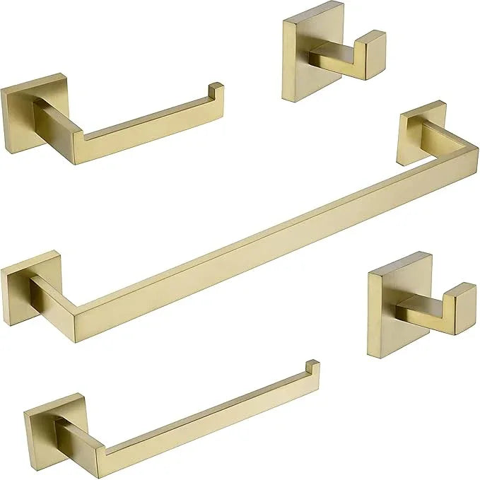 TRUSTMI Brushed Gold Bathroom Hardware Accessories Set, 5 Piece Square Shape Stainless Steel Wall Mounted Towel Bar Set, 23.6-Inch - ModernBath