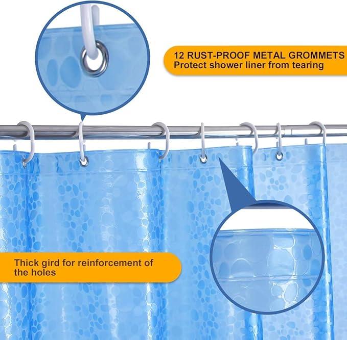 WELTRXE EVA 8G Shower Curtain Liner, 72x72 Inch 3D Blue Pebble Heavy Duty Waterproof Bathroom Shower Liner with Weighted Magnets Thick Clear Plastic Shower Curtains for Shower Stall, Bathtub, 12 Hooks - ModernBath