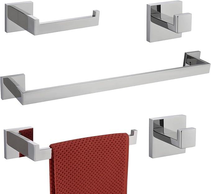 TASTOS 5-Piece Bathroom Hardware Set Wall Mounted Bathroom Accessory Set, Premium Stainless Steel Robe Hook Toilet Paper Holder 24-Inch Towel Bar (Polished) - ModernBath