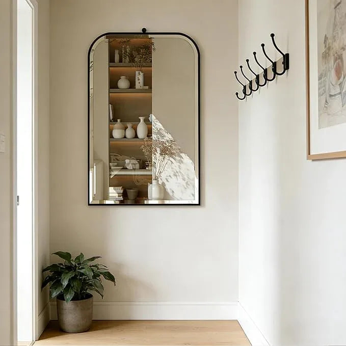 POZINO Beveled Mirror Over Sink, 22"x35" Black Arched Bathroom Mirror, Modern Rounded Rectangle Mirrors with Stainless Steel Frame, Vanity Wall Mirrors for Bedroom Living Room Entryway Fireplace - ModernBath