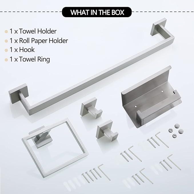 Brushed Nickel Bathroom Towel Bar Set Bathroom Accessories Hardware Set Including Towel Bar Towel Ring Coat Hook and Toilet Paper Holder with Shelf. Wall Mounted Stainless Steel - ModernBath