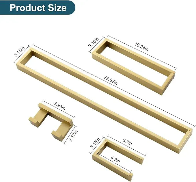 TNOMS 4-Piece Modern Gold Bathroom Hardware Accessories Set - Towel Bar & Holder, Stainless Steel, Wall Mounted, 23.6 Inch - ModernBath