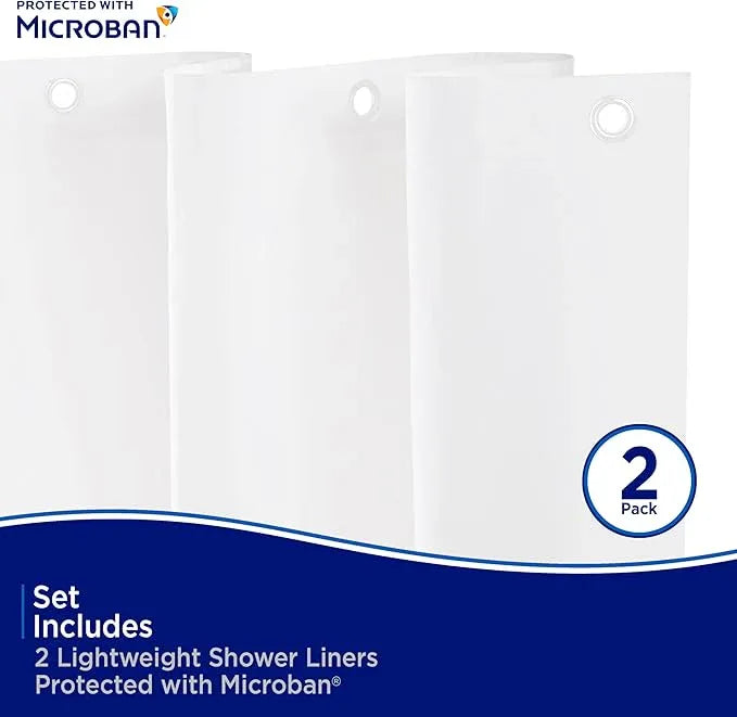 Kenney MB61121PK2 Microban Protected Lightweight 2.8 Gauge Waterproof PEVA Shower Curtain Liner with Durable Eyelet Hang Holes and Weighted Magnetic Hem for Bathroom, 70" W x 72" H, White, 2-Pack - ModernBath