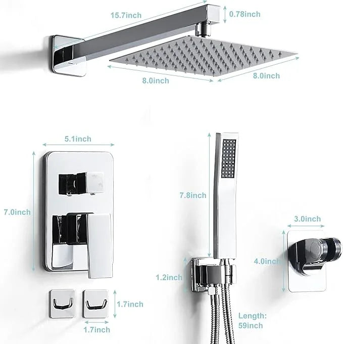 RTTWYYUU Chrome Shower System 8 Inch, Rain Shower Head with Handheld Spray, Luxury Rain Shower Set Square Wall Mount for Bathroom with Rain Shower and Handheld Shower System - ModernBath