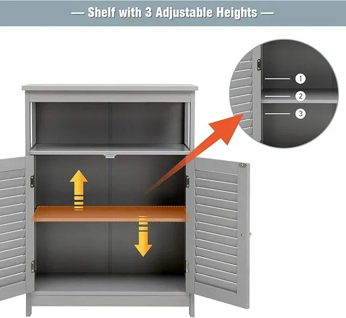 LDAILY Freestanding Organizer Cabinet with Double Shutter Doors, Adjustable Shelf, Wooden Floor Cabinet for Bathroom & Kitchen, Grey - ModernBath