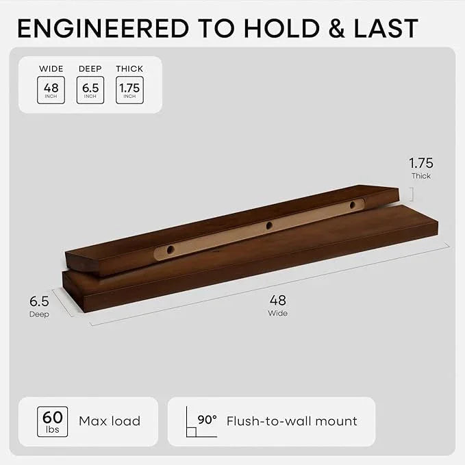 Homeforia 48 inch Walnut Floating Shelf, High End Solid Real Wood Large 48inch Floating Shelves for Wall, Dark Brown 48 inches Long Floating Shelves, Heavy Duty Bracket, 48 X 6.5 X 1.75 inch, Set of 3 - ModernBath
