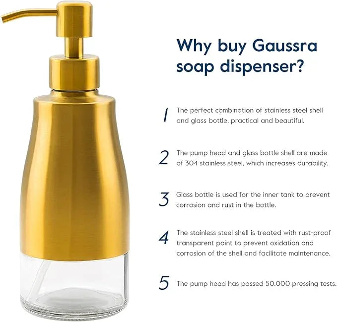 Gaussra Soap Dispenser with Coaster and Stickers, Brushed Gold Stainless Steel Glass Hand Pump Dispenser, Anti Rust Bottle, for Kitchen & Bathroom Detergent Bottle，Refillable Hand Liquid Dispenser - ModernBath