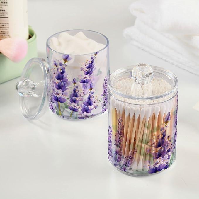 BOENLE 2 Pack Qtip Holder Dispenser Purple Lavender Storage Canister Bathroom Acrylic Plastic Apothecary Jars Vanity Organizer Lid for Cotton Swab/Ball/Pad - ModernBath