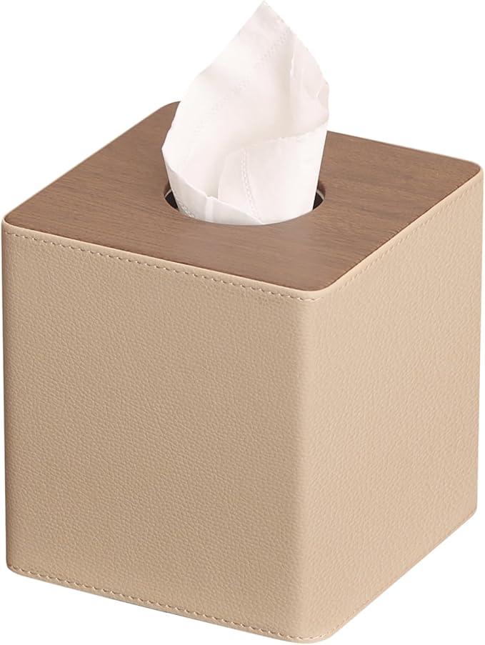 WUUAHOME Tissue Box Cover Square, Modern Leather Tissue Box Holder, Decorative Facial Tissue Paper Dispenser for Home Decor, Living Room, Hotel, Office, Restaurant, Cafe (Light Brown) - ModernBath