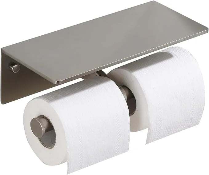 Toilet Paper Holder - Double Rolls Toilet Tissue Holder with Phone Shelf for Bathroom - TP Roll Holder with Wipes Storage, Wall Mounted by Adhesive Tape No Drilling or Screw - Brushed Nickel - ModernBath