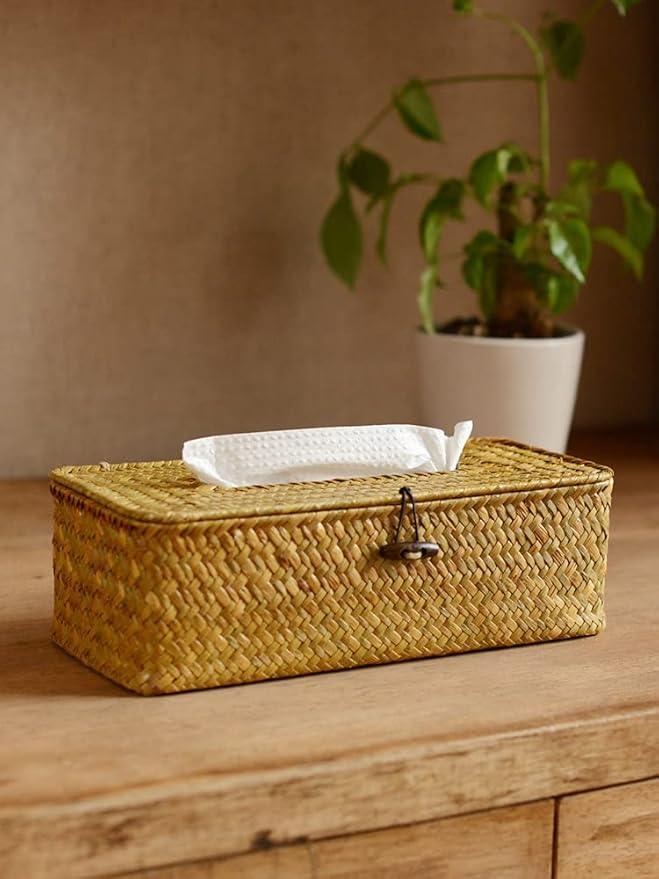 Seagrass Tissue Box Cover Rectangular Woven Napkin Holder Decorative for Bathroom Farmhouse (Natural, 10 x 5.5 x 4.2 Inch) - ModernBath
