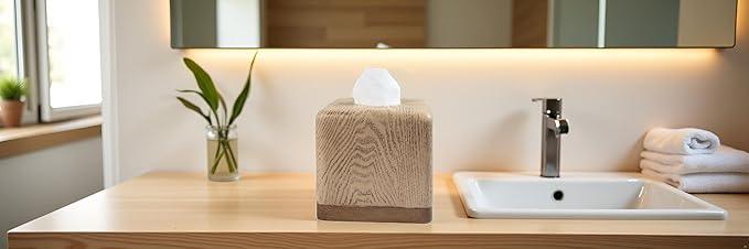 Hymmah Wooden Texture Square Tissue Box Cover Cube Tissue Holder Unique Design Klenex Box Dispenser for Bathroom Vanity Counter Tops Also Great for Bedrooms and Living Rooms - ModernBath
