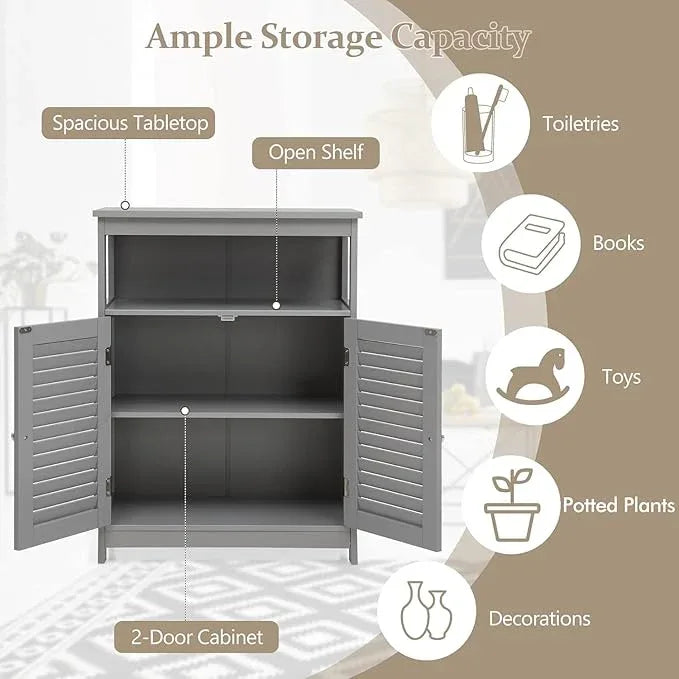 LDAILY Freestanding Organizer Cabinet with Double Shutter Doors, Adjustable Shelf, Wooden Floor Cabinet for Bathroom & Kitchen, Grey - ModernBath