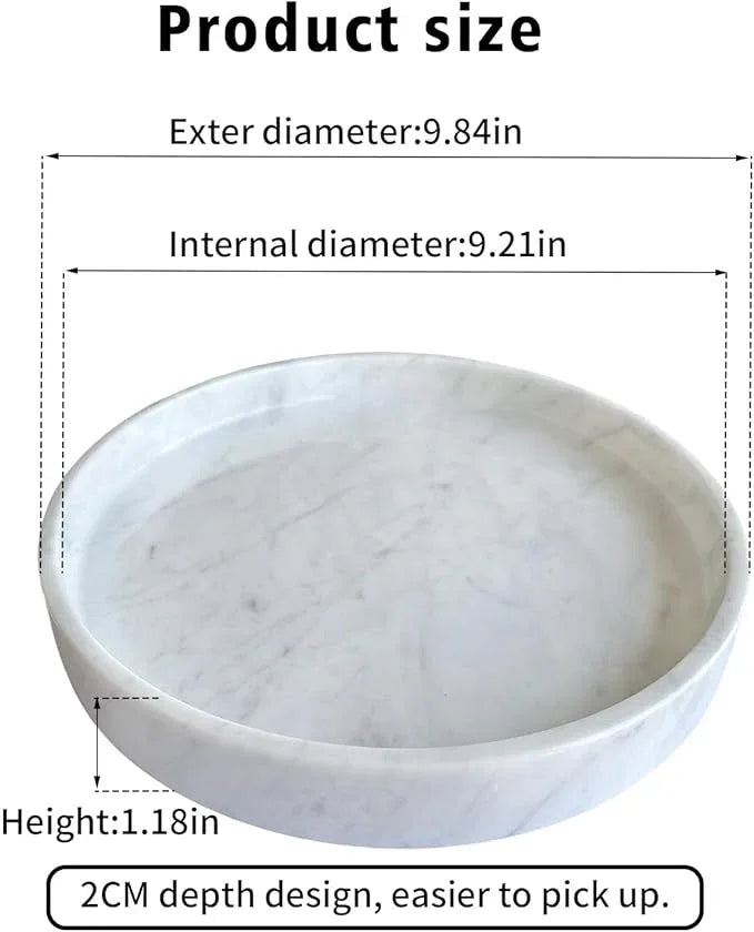 Apasqro Carrara White Marble Tray Round 10 Inch, Natural Stone Perfume & Dessert Tray, Elegant Serving & Display Plate for Home, Vanity, 2 cm Deep, Non-Slip Base - ModernBath