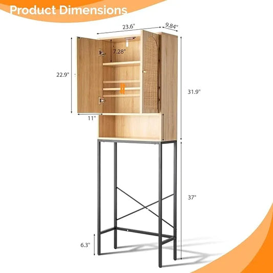 VINGLI Over The Toilet Storage Cabinet, Rattan Bathroom Organizer Behind Toilet,Above Metal Stand Rack Tall Freestanding Wood Cabinet with Wicker Doors,Adjustable Shelf for Bathroom,Restroom,Bohemian - ModernBath