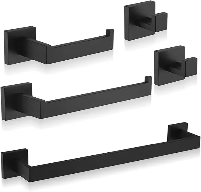 Bathroom Hardware Accessories Set Matte Black,5-Piece Black Towel Bar Set 16" Wall Mounted Towel Holder Stainless Steel-Includes Towel Bar,Robe Towel Hooks,Toilet Paper - ModernBath