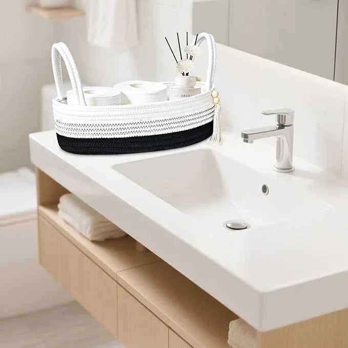 ABenkle Small Storage Basket for Toilet Tank Top - Jute Rope Woven Organizer with Handle, Boho Countertop Bathroom Decor, Toilet Paper Holder, 13x6x4 Inch - ModernBath