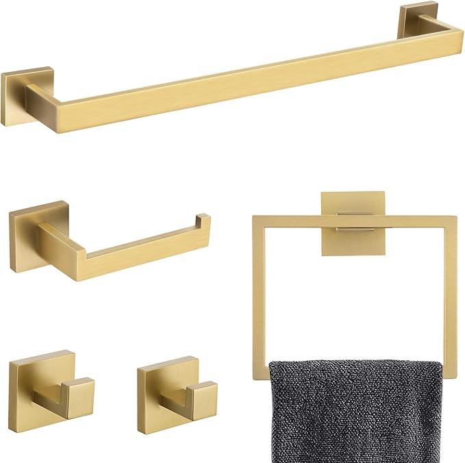 TNOMS Brushed Gold Towel Bar Set Bathroom Hardware Set, 5 Pieces Gold Bathroom Accessories Set Stainless Steel Wall Mounted Towel Holder for Bathroom 23.6in - ModernBath