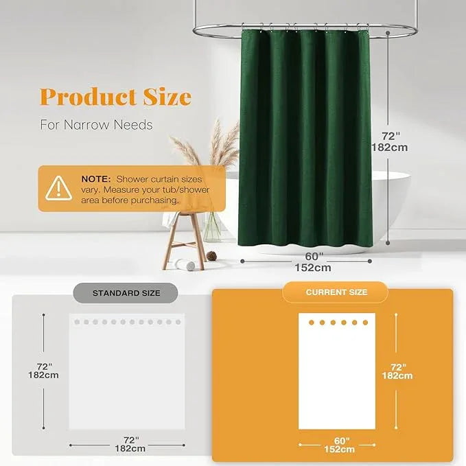 BTTN 60 Inch Stall Fabric Shower Curtain - Linen Textured Heavy Duty Shower Curtain Set with 10 Plastic Hooks, Narrow Waterproof Decorative Curtains for Bathroom and Bathtubs - 60x72 - Emerald Green - ModernBath