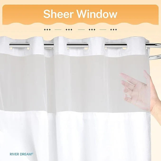River Dream Heavyweight No Hooks Required Dotted Waffle Weave Shower Curtain with Snap in Liner - 60W x 74L, Hotel Grade, Spa Like Bath Curtain, White - ModernBath