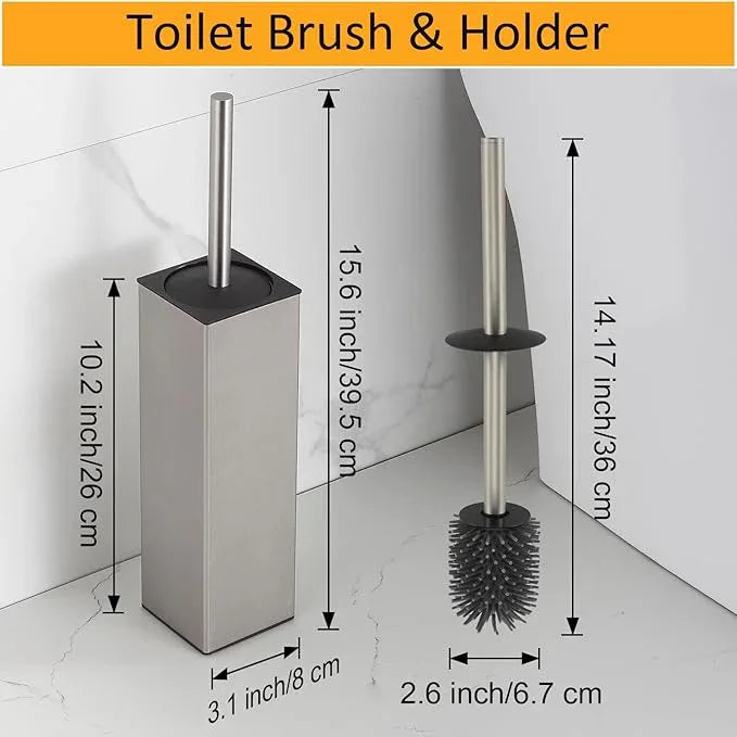 BGL Toilet Brush and Holder Set Brushed Nickel Aluminium Freestanding Toilet Bowl Cleaner Brush and Holder for Bathroom Storage and Organization, Square Design Sturdy and Space Saving - ModernBath