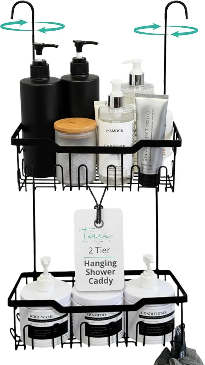Black Shower Caddy Hanging - Rust-Proof 304 Stainless Steel Shower Caddy with Rotatable Hooks and Adhesives - Ideal for Bathroom Essentials - Convenient for Bathroom Toiletries - ModernBath