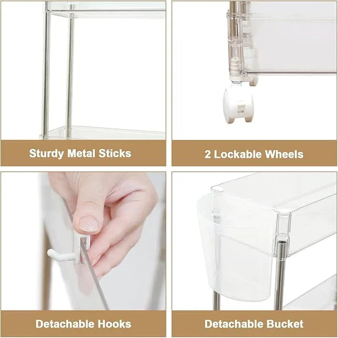 VECELO 3-Tier Acrylic Rolling Cart, Utility Cart for Kitchen Storage, Mobile Shelves Slide-Out Organizers with 2 Lockable Wheels&Hooks for Bathroom Laundry Room Living Room Office, Clear - ModernBath