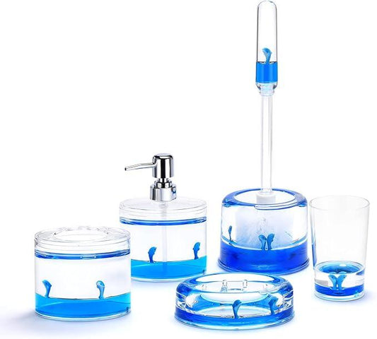 Locco Decor 5 Piece Acrylic Liquid 3D Floating Motion Bathroom Vanity Accessory Set Ocean Cartoon Animal Theme Dolphin Toothbrush Holder, Tumbler, Soap Dispenser, Soap Dish, Toiletbrush Holder Set - ModernBath