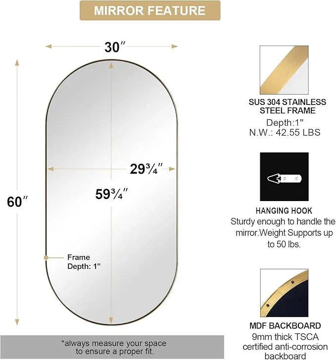 ANDY STAR Gold Bathroom Mirror 60 x 30 Inch, Full Length Mirror, Oval Vanity Mirror, Pill Shaped Mirror in Stainless Steel 1’’ Deep Wall Mounted Vertical/Horizontal - ModernBath