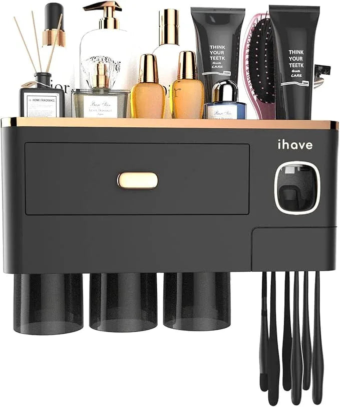iHave Toothbrush Holders Wall Mounted with Toothpaste Dispenser & 3 Cups - Luxury Black and Gold Design for Bathroom Decor, All-in-One Bathroom Organizers & Storage for Toothbrushes and Accessories - ModernBath