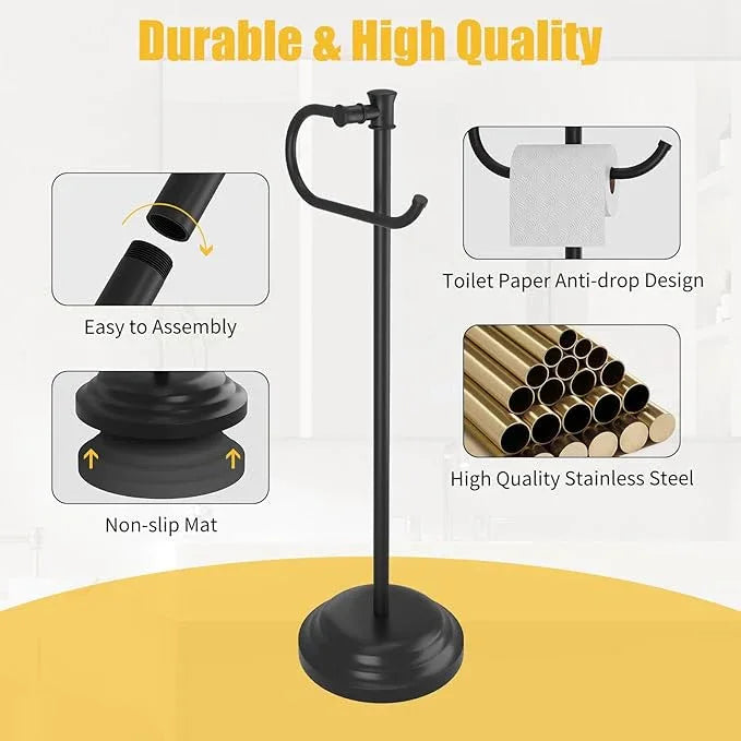 BESy Toilet Paper Holder Free Standing Bathroom Toilet Tissue Holder Stand for Floor Toilet Paper Roll Holder with Storage Hardware Accessories Rack Hand Towel Bar Matte Black Stainless Steel - ModernBath