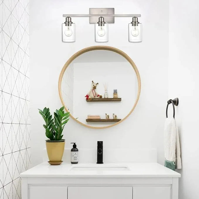 VINLUZ Metal Brushed Nickel 3 Lights Wall Light,Indoor Vanity Light Fixture with Clear Glass Shade Farmhouse Bathroom Lighting Fixtures Over Mirror for Porch Workshop - ModernBath